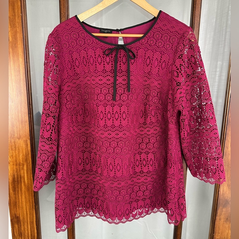 Talbots Plus 1X Lace Overlay Top Pink 3/4 Sleeve Bow Party Dressy Side Zip‎
